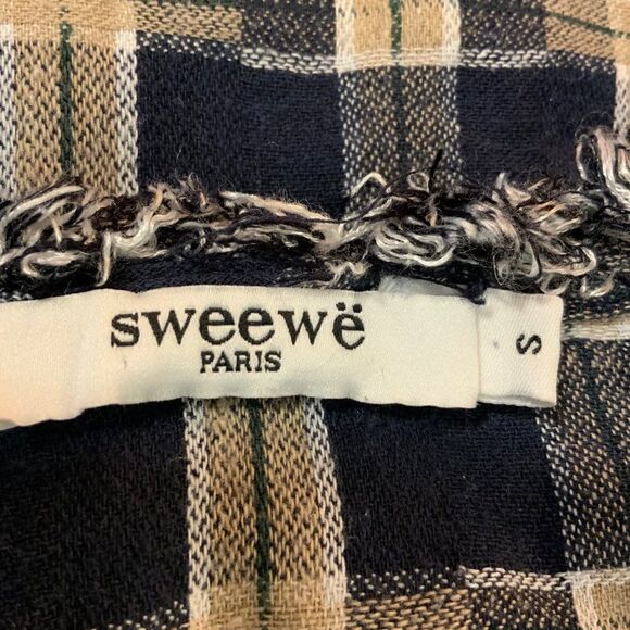 Sweewe Paris Blue Plaid Embroidered Sleeve Fringe Cropped Sleeve Cotton Top Sm - Picture 10 of 11